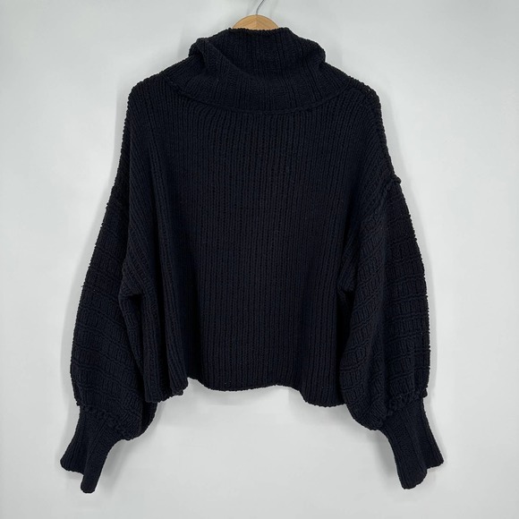 Free People Be Yours Cowl Neck Sweater Balloon Sleeve Chunky Boxy Cropped Black - Picture 9 of 14
